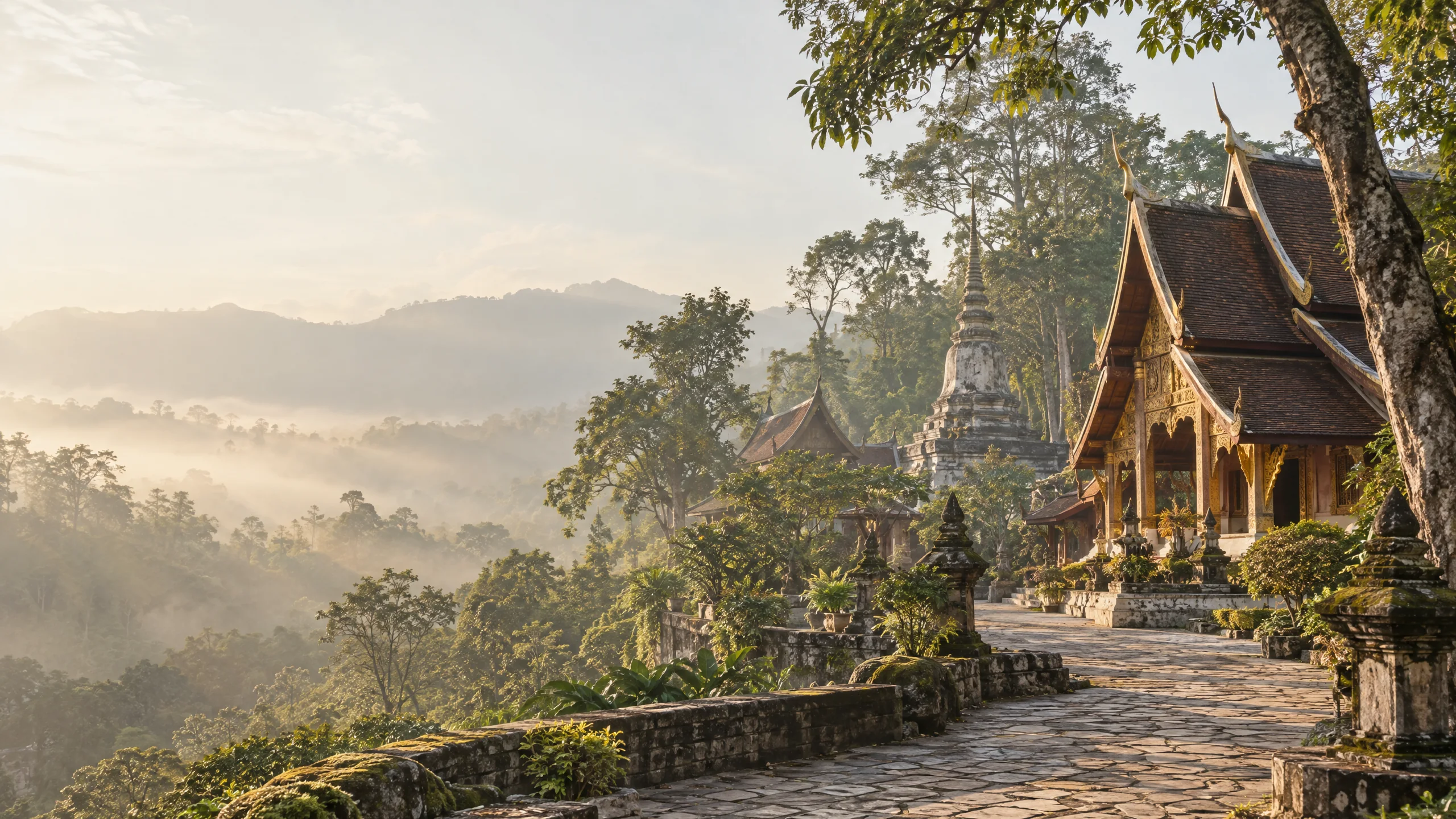 A Thai-style forest monastery exterior in morning light