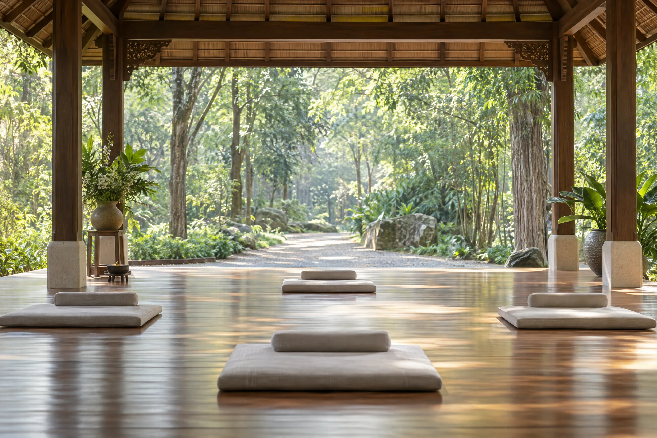ศาลาปฏิบัติที่เปิดสู่ทางเดินในป่า